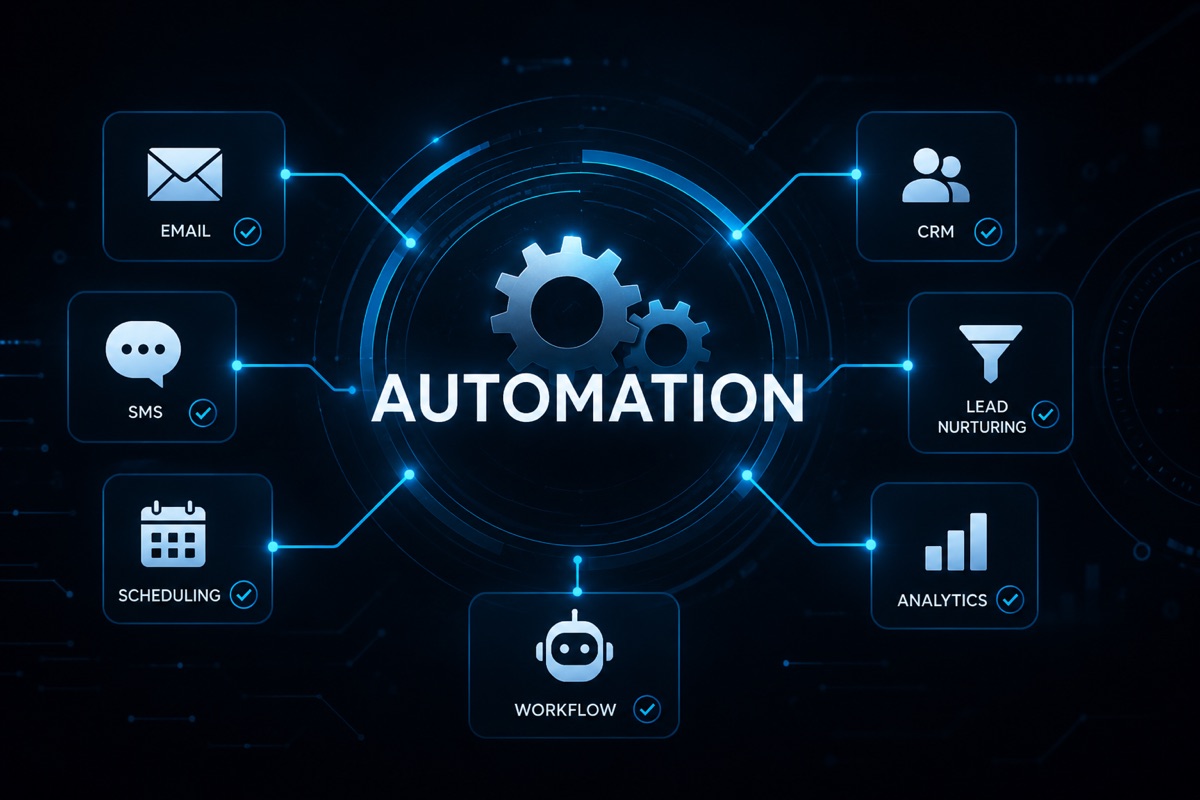 Automation diagram linking email, SMS, CRM, scheduling, lead nurturing, analytics, and workflow around a central automation hub